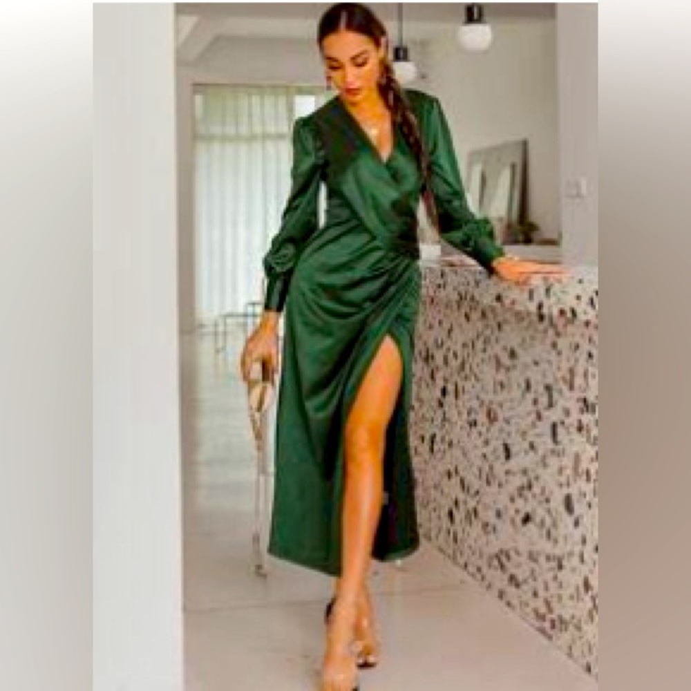 Neck Ruched Wrap Satin Dress 8/10